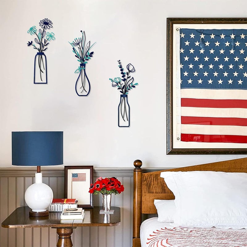 Pigort 3 Pieces Metal Flowers Wall Arts - Rustic Farmhouse Style Décor Metal Wall Art Black Minimalist Flower Natural Themed Wall Decors for Home Bedroom Dining Room Housewarming (Blue) - Image 3